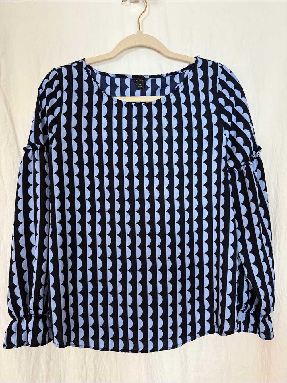 Ann Taylor Navy and Light Blue Geometric Long Sleeve Blouse